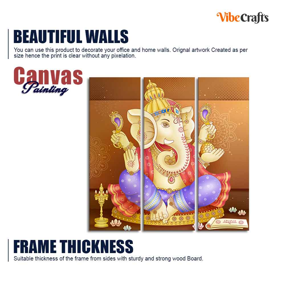 God Ganesha Beautiful Wall Painting of Three Panels