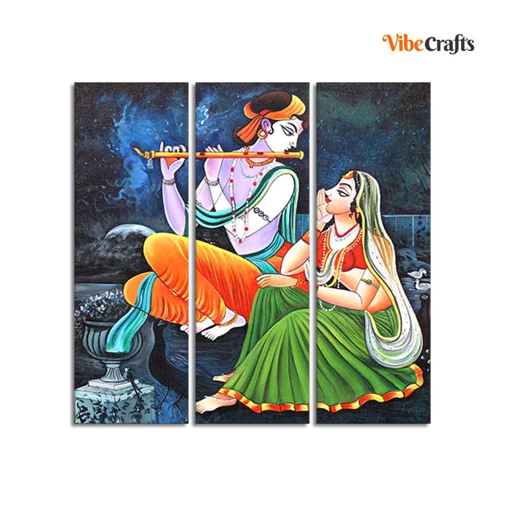 God Radha Krishna Playing Flute Wall Painting of 3 Panels
