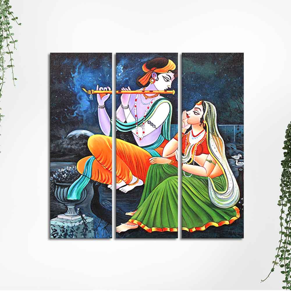 God Radha Krishna Playing Flute Wall Painting of 3 Panels