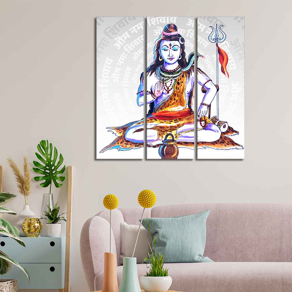 God Shiva Canvas Wall Painting of Three Pieces