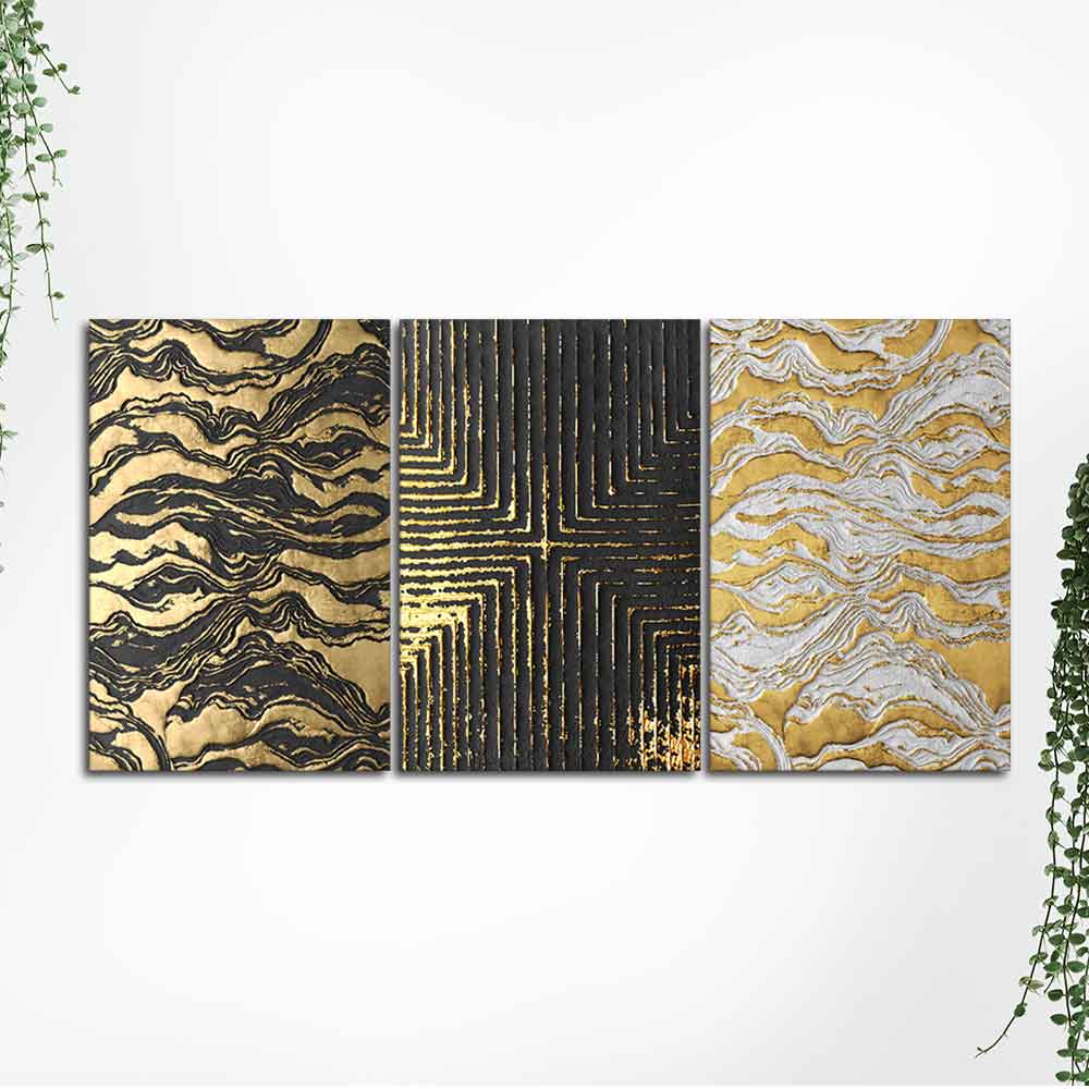 Golden Abstract Art Wall Painting of 3 Pieces