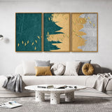 Golden Birds Flying Luxurious Art Premium Floating Canvas Wall Painting Set of Three