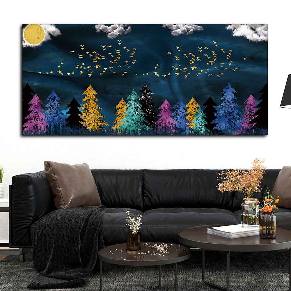 Golden Birds Flying over The Dark Forest Canvas Wall Painting