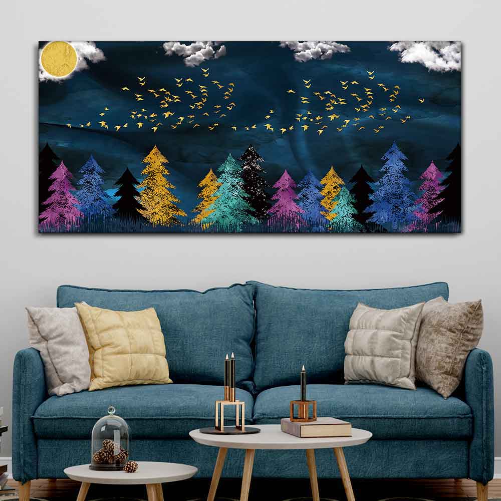 Golden Birds Flying over The Dark Forest Canvas Wall Painting