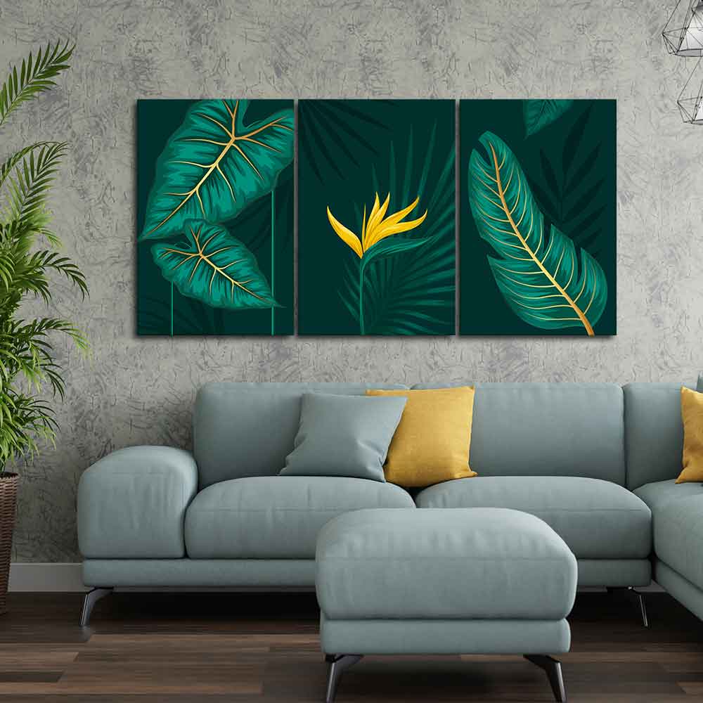 Golden Botanical Leaves and Flower Wall Painting of 3 Pieces