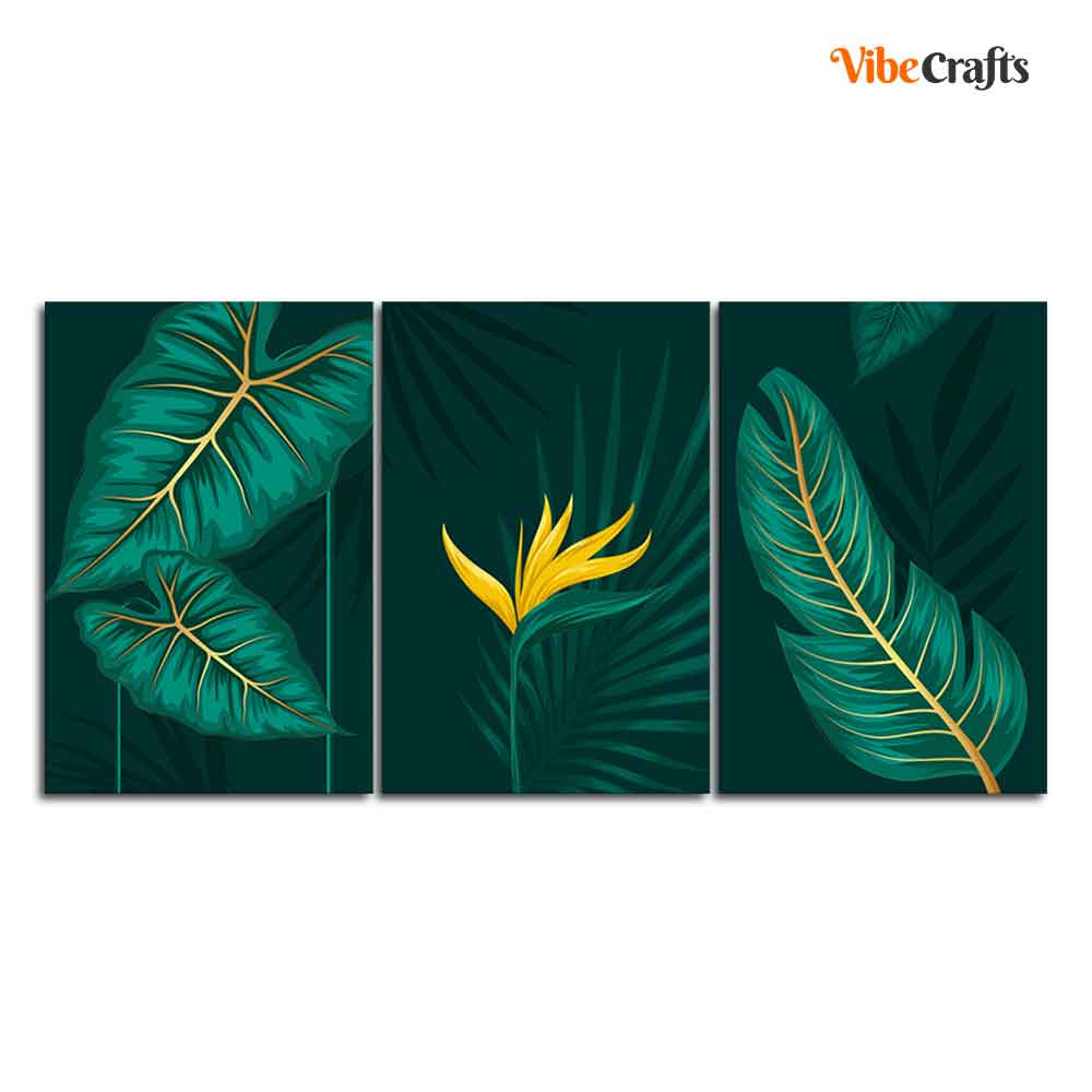 Golden Botanical Leaves and Flower Wall Painting of 3 Pieces
