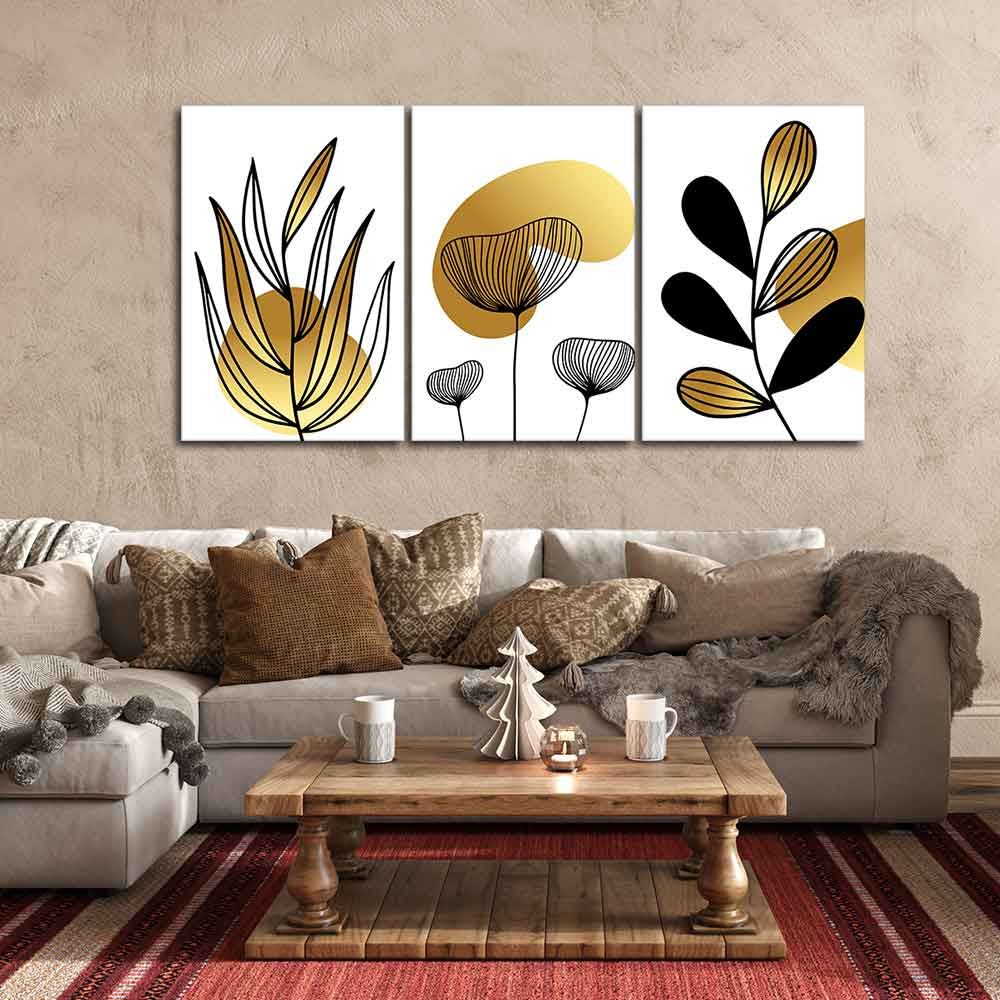 Golden Botanical Line Art Canvas Wall Painting 3 Pieces