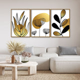 Golden Botanical Line Art Floating Canvas Wall Painting Set of Three