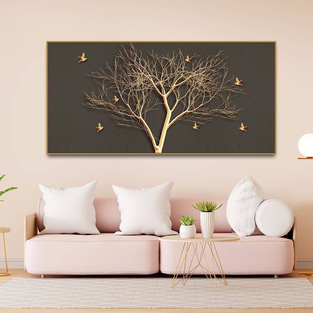 Golden Embossed Tree With Golden Birds Premium Canvas Wall Painting –  Vibecrafts