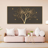 Golden Embossed Tree With Golden Birds Premium Canvas Wall Painting