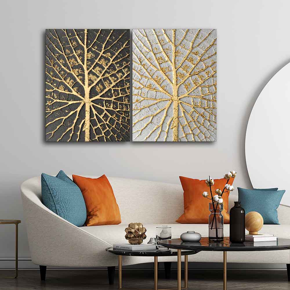 Golden Leaves Canvas Wall Painting of Two Pieces