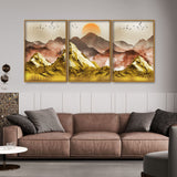 Golden Mountains and Birds Scenery Floating Canvas Wall Painting Set of Three