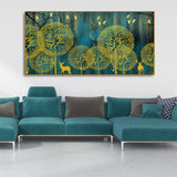 Golden Nightscape with Deers and Golden birds Canvas Wall Painting