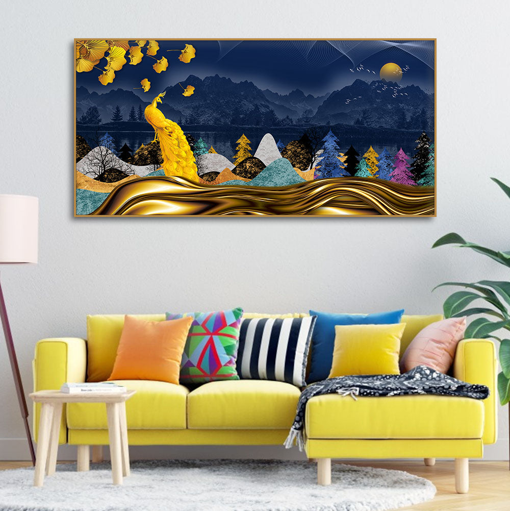 Golden Peacock in Dark Forest Premium Wall Painting