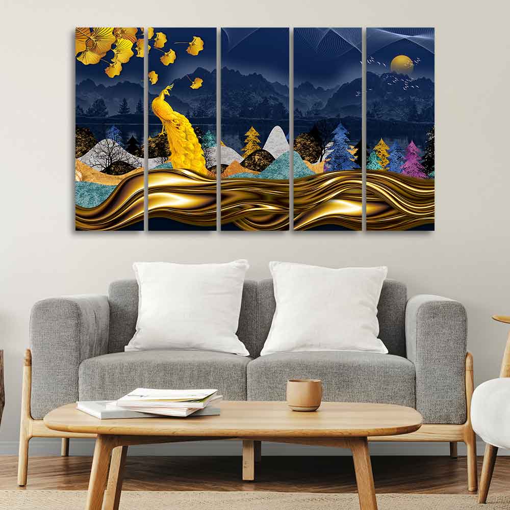 Golden Peacock in Forest Premium Wall Painting Set of Five