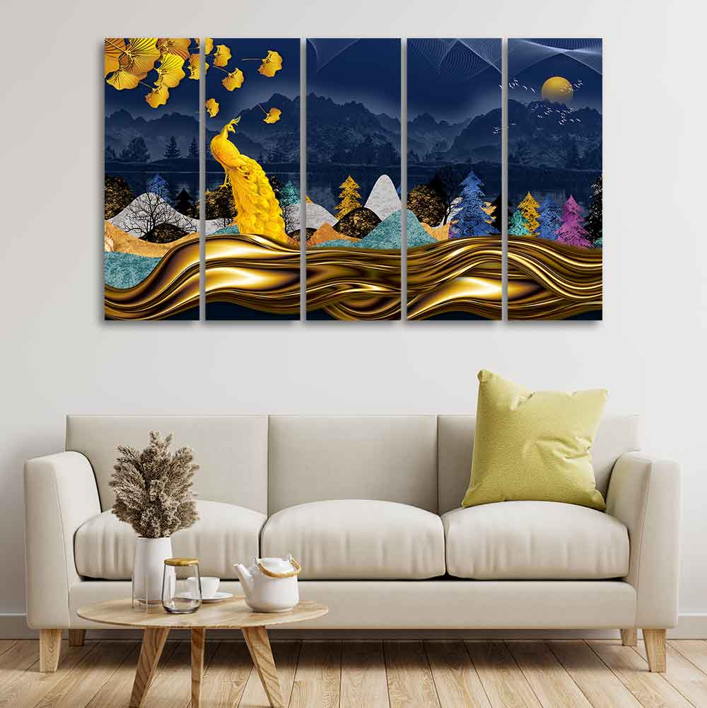 Golden Peacock in Forest Premium Wall Painting Set of Five