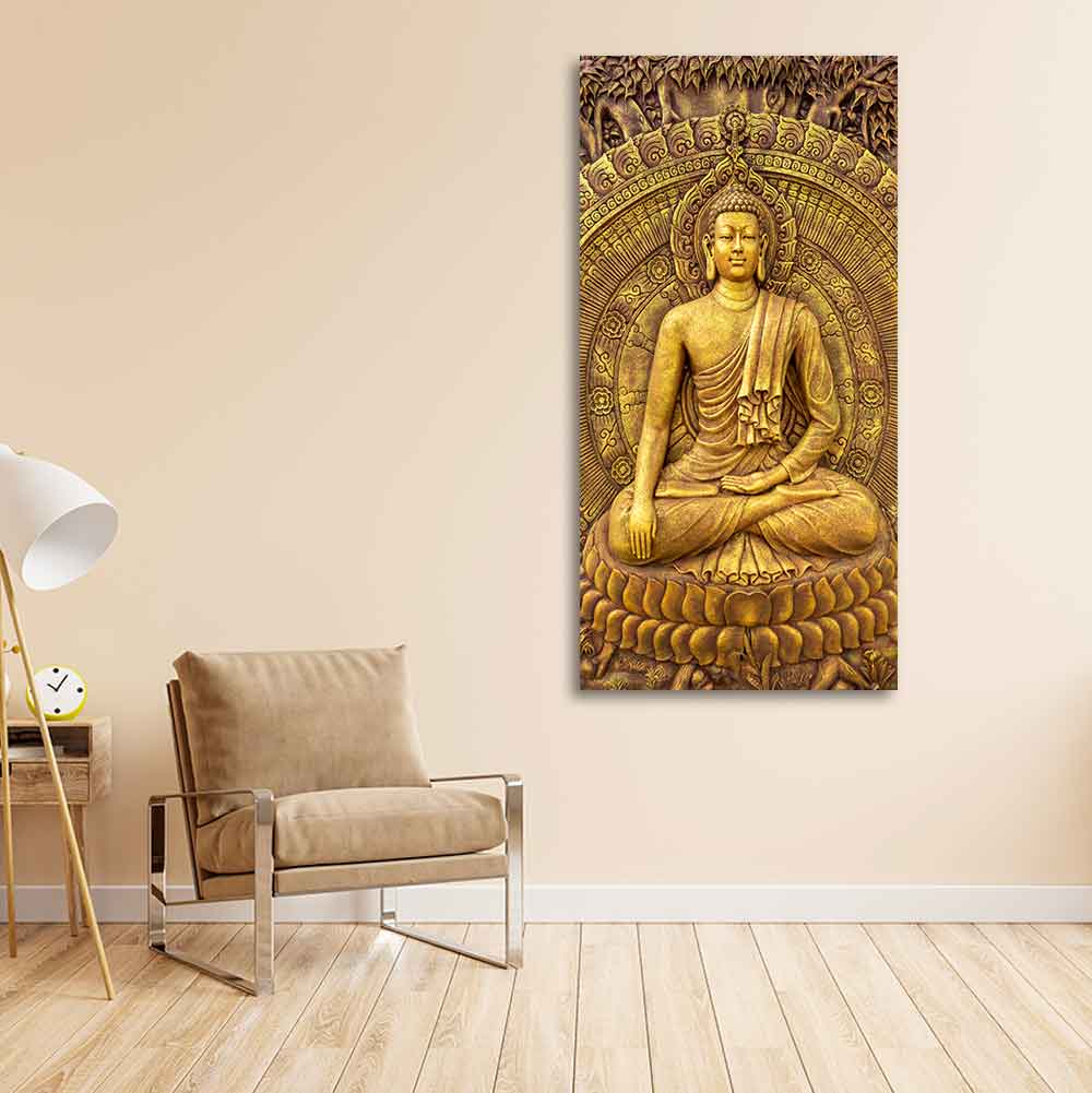 Golden Statue of Lord Gautam Buddha Canvas Wall Painting
