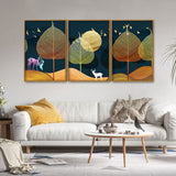 Golden Textured Leaves Floating Canvas Wall Painting Set of Three
