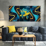 Golden Textures and Turquoise Flowers Wall Painting of 3 Pieces