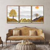 Golden Trees with Beautiful Sunrise Premium Floating Canvas Wall Painting Set of Three