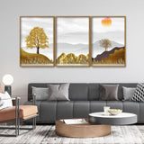 Trees with Beautiful Sunrise Premium Floating Canvas Wall Painting Set of Three