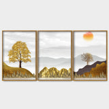 Golden Trees with Sunrise Premium Floating Canvas Wall Painting Set of Three