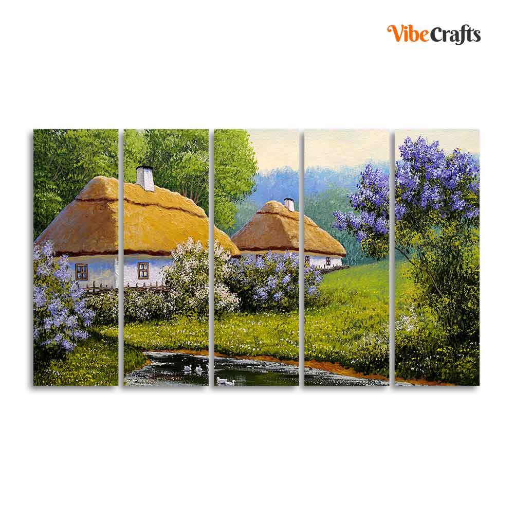 Huts in Old Village Canvas Wall Painting of Five Pieces