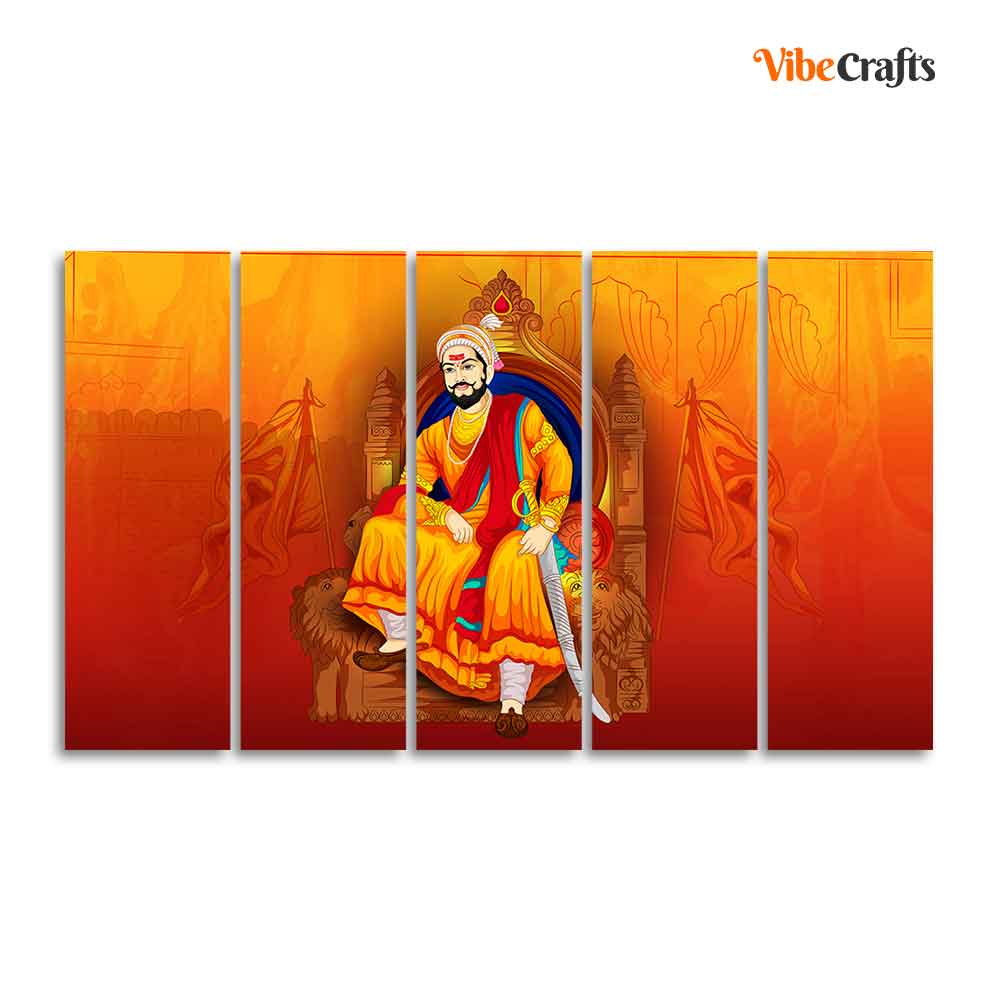 Indian Warrior Chhatrapati Shivaji Maharaj Wall Painting of Five Pieces