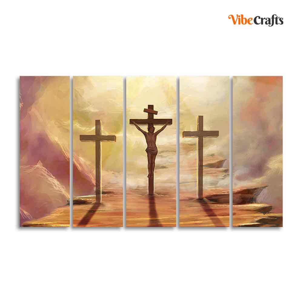 Jesus Cross with Moon Dark Background Five Pieces Canvas Wall Painting
