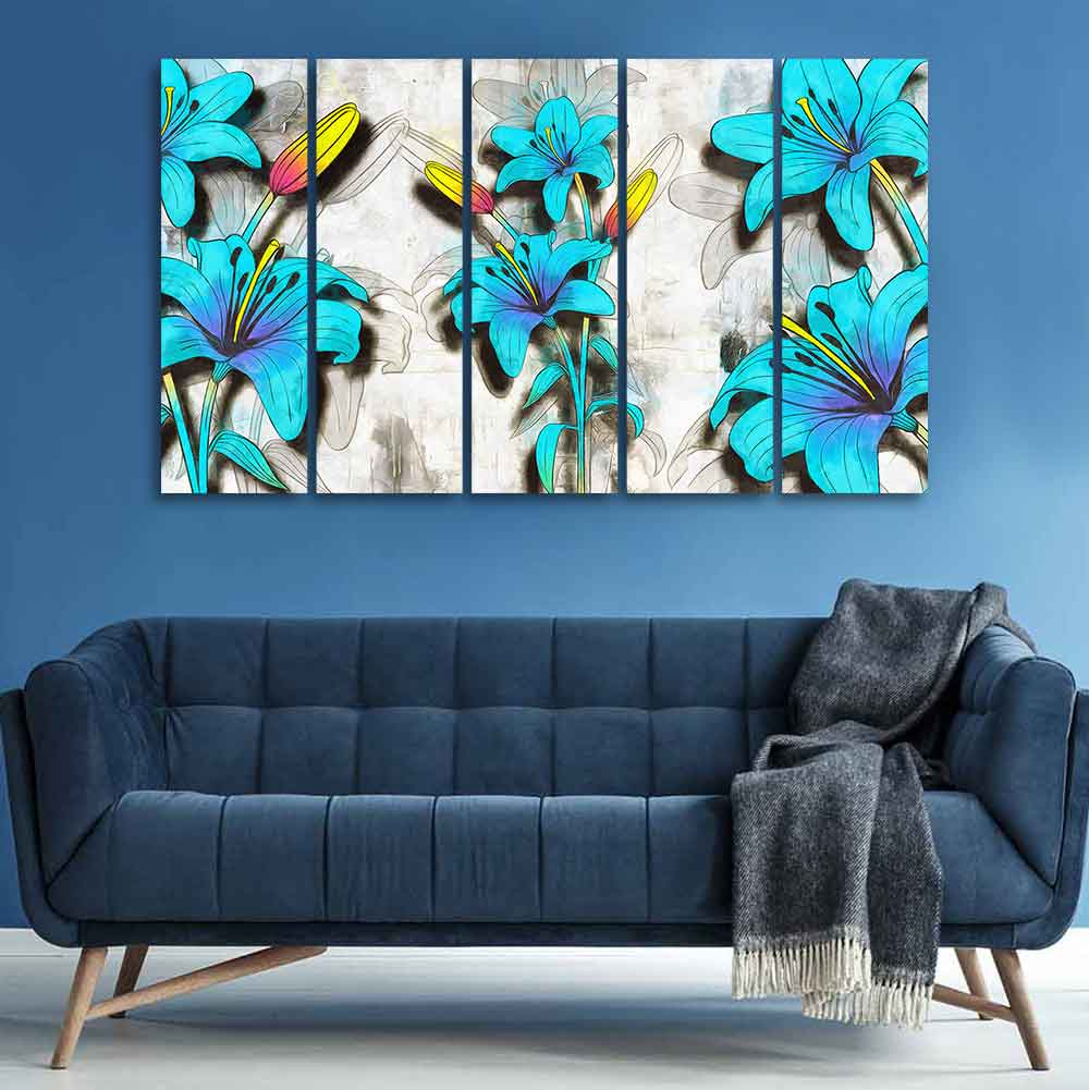 Blue Lily Flowers Canvas Wall Painting of Five Pieces