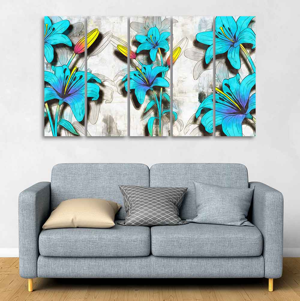 Blue Lily Flowers Canvas Wall Painting of Five Pieces