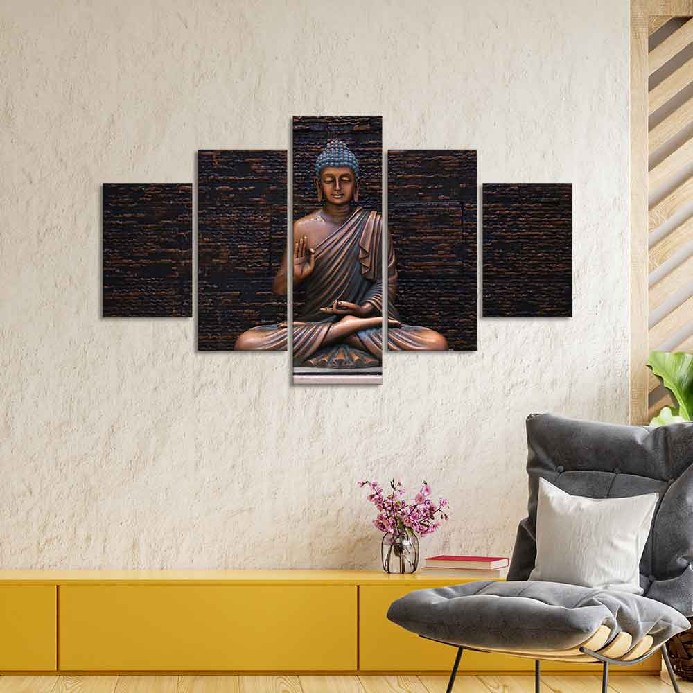Lord Buddha Meditating Statue Five Pieces Canvas Wall Painting