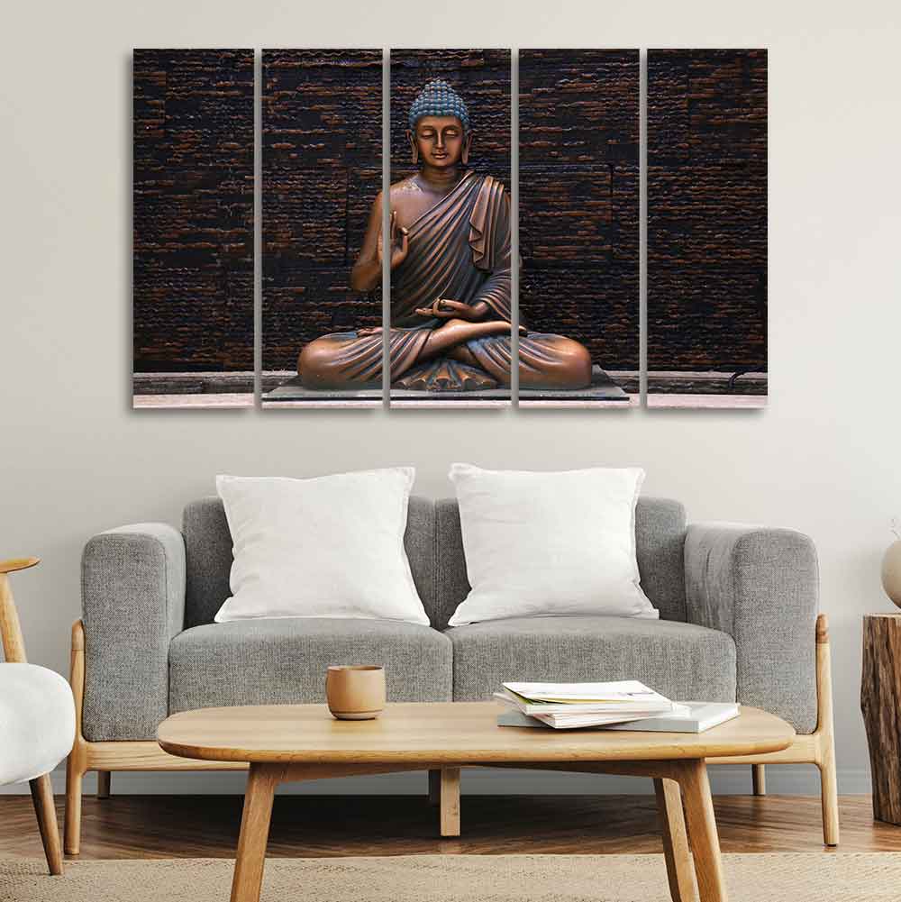 Lord Buddha Meditating Statue Set of Five Canvas Wall Painting