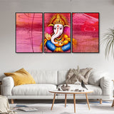 Lord Ganesha Abstract Art Floating Canvas Wall Painting Set of Three