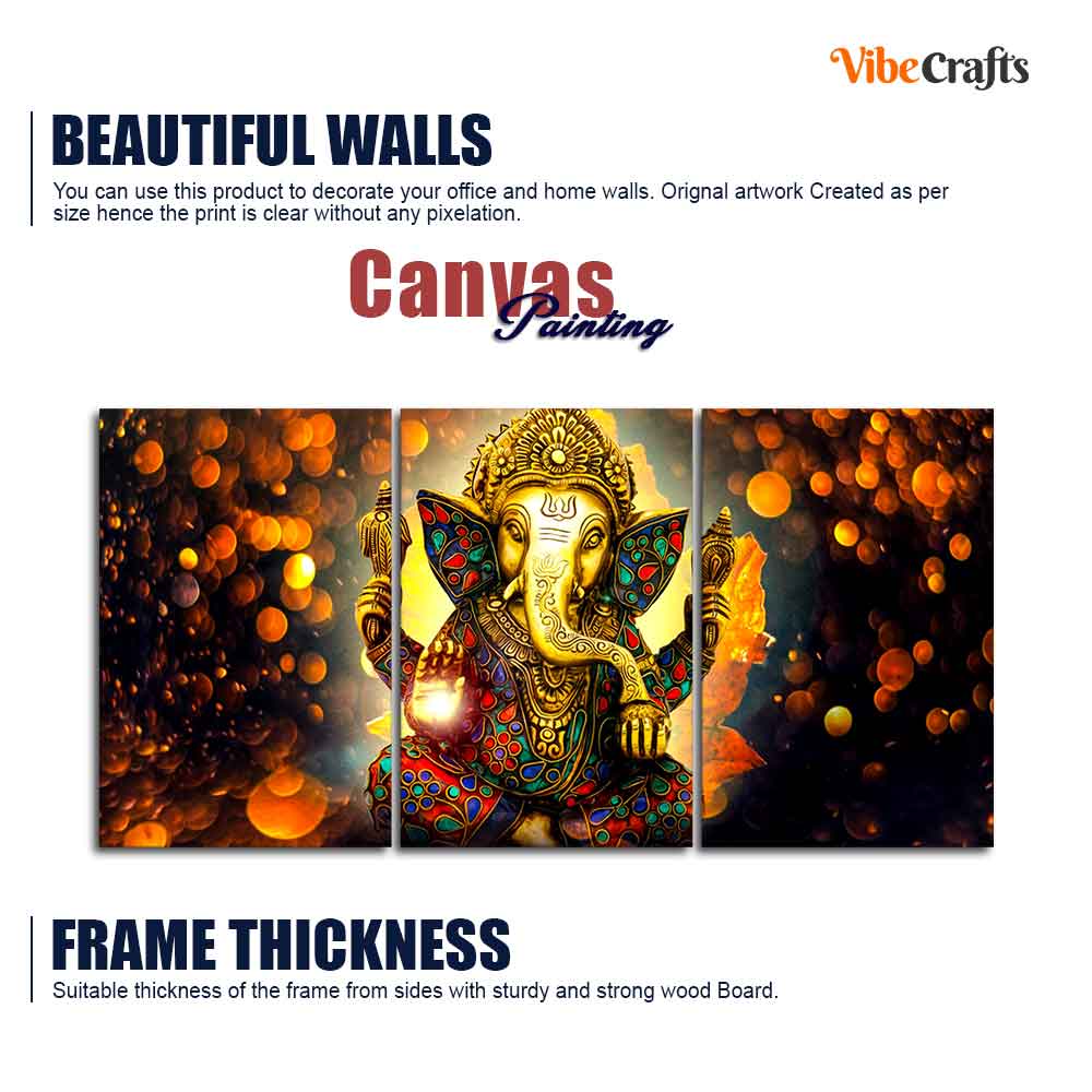 Lord Ganesha Canvas Wall Painting of 3 Pieces