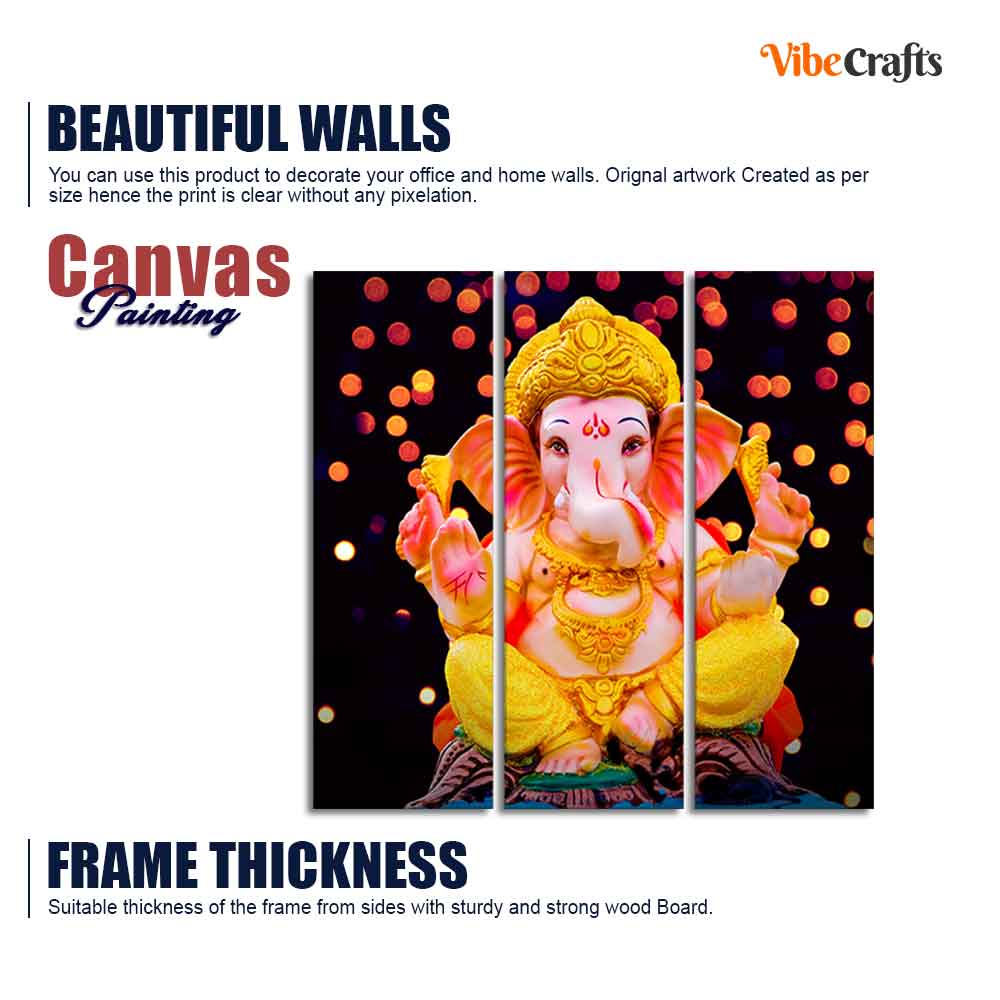 Lord Ganesha Sculpture Canvas Wall Painting Set of Three