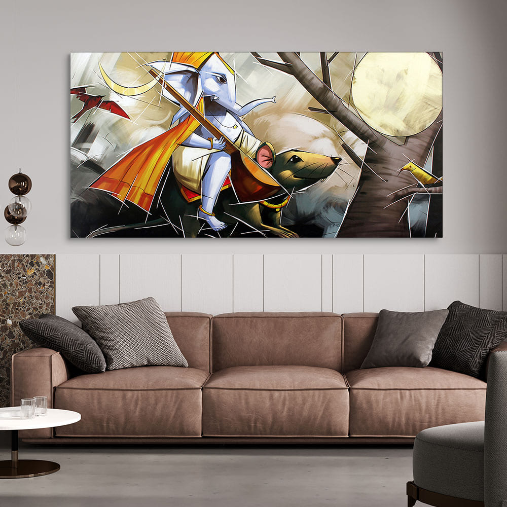 Lord Ganesha Sitting on Mouse Canvas Wall Painting