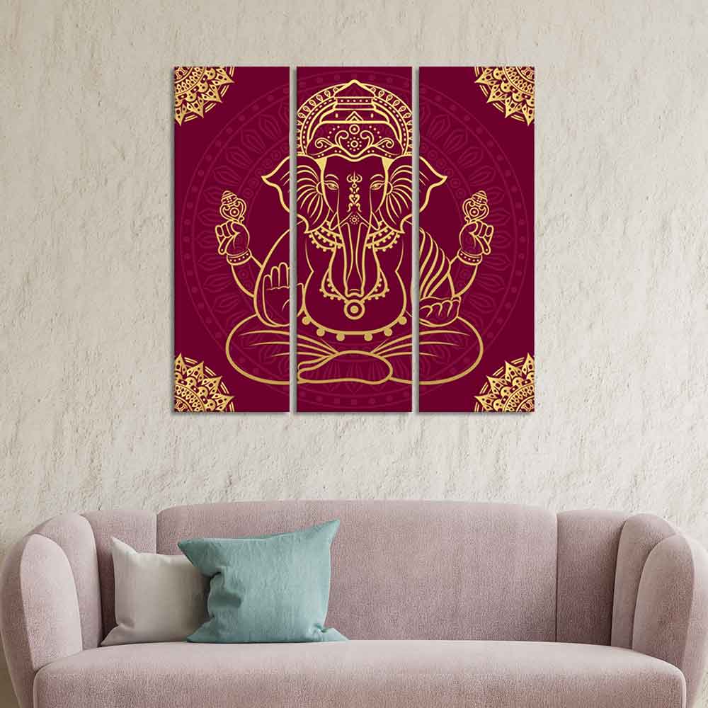 Lord Ganpati Canvas Wall Painting of Three Pieces