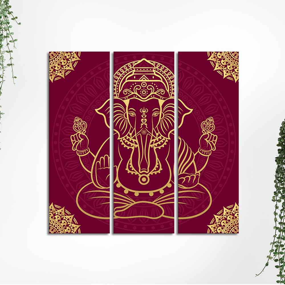 Lord Ganpati Canvas Wall Painting of Three Pieces