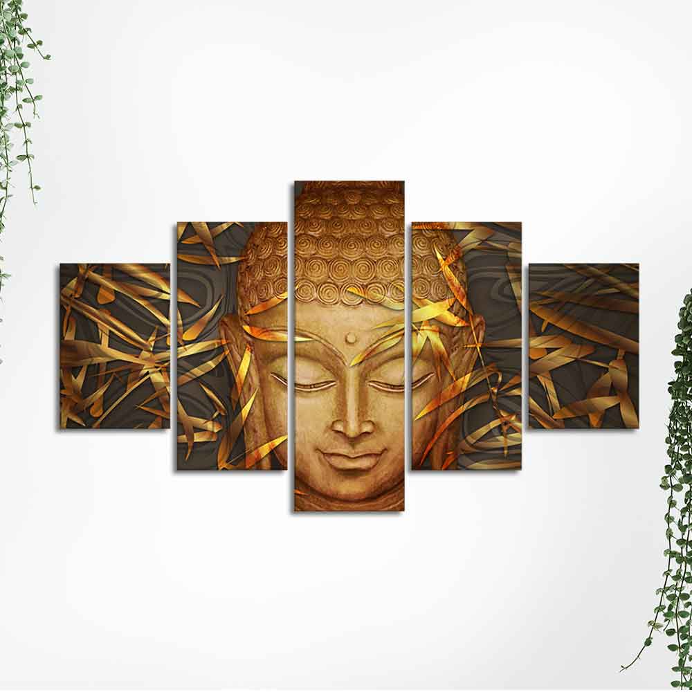 Lord Gautam Buddha with Serene Smile Wall Painting of Five Pieces