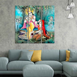 Lord Krishna in Vrindavan Canvas Wall Painting Set of Three
