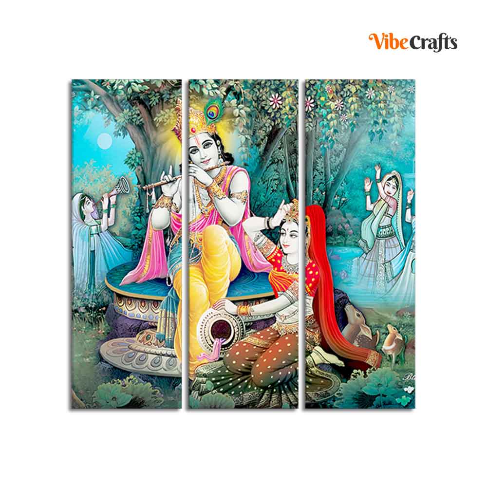 Lord Krishna in Vrindavan Canvas Wall Painting Set of Three