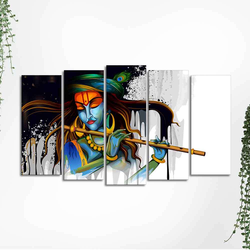 Lord Krishna Playing Flute 5 Pieces Canvas Wall Painting