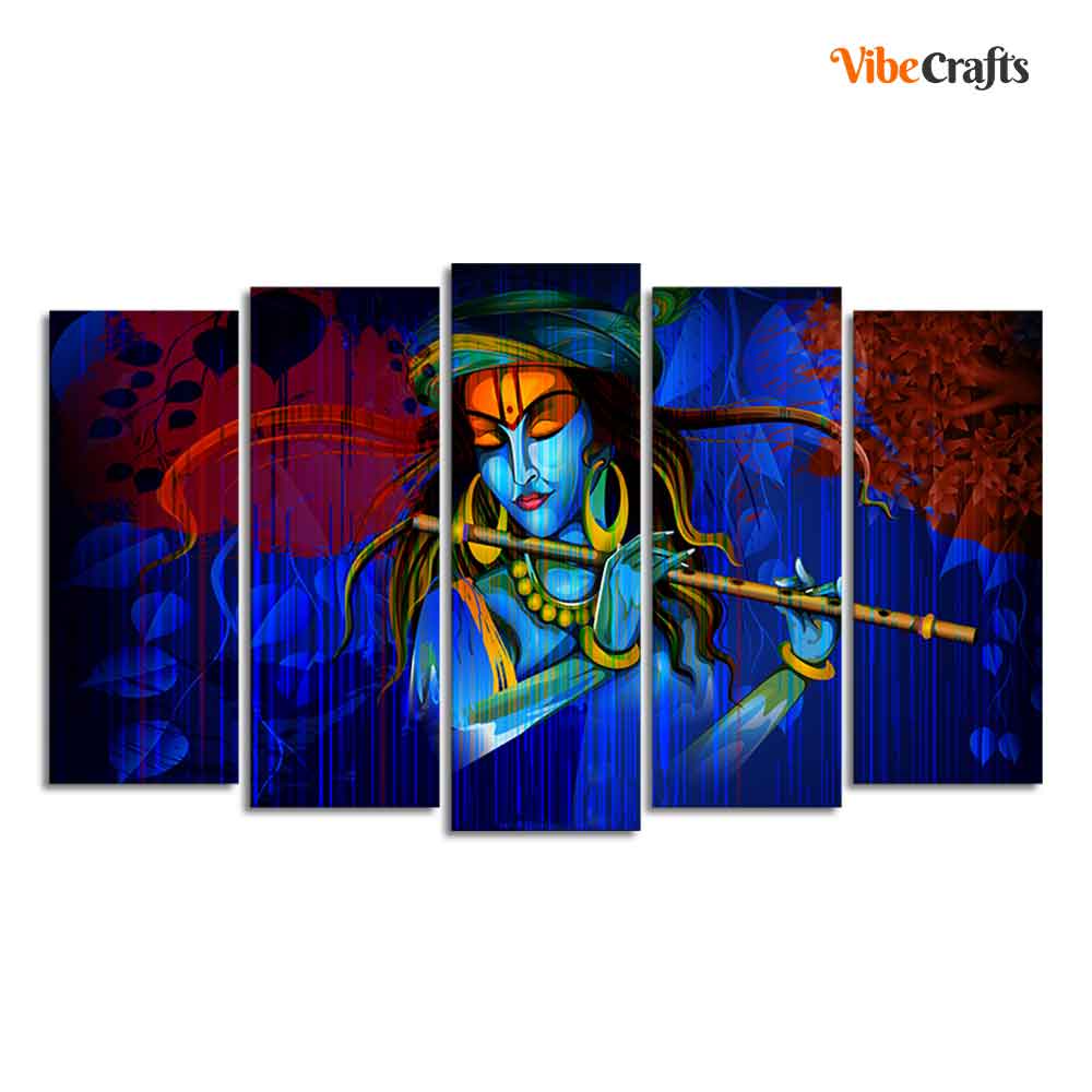 Lord Krishna Playing Flute 5 Pieces Wall Painting