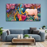 Krishna Playing Flute Pink Trees in Background Canvas Wall Painting