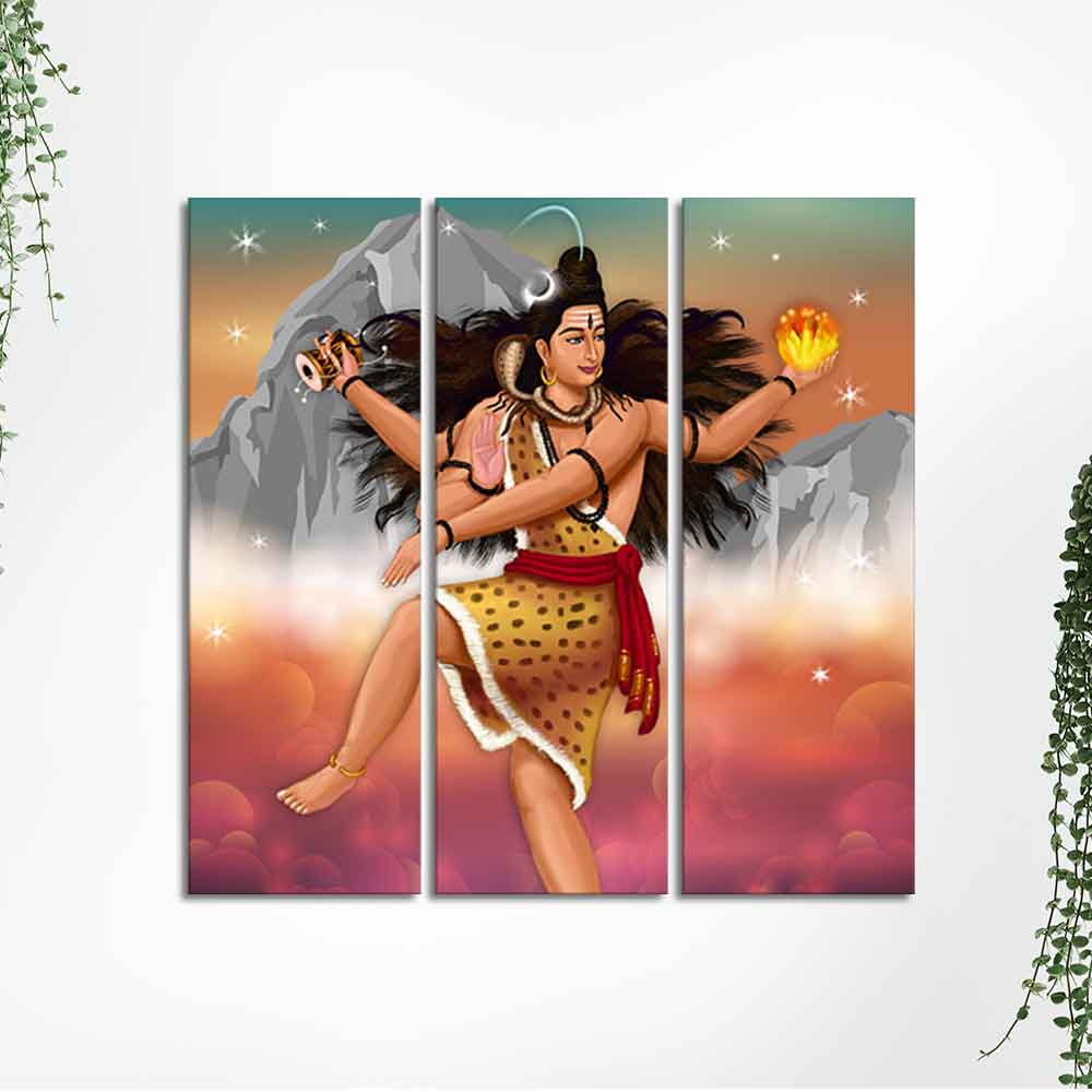Lord of Dance Nataraja Canvas Wall Painting of 3 Pieces