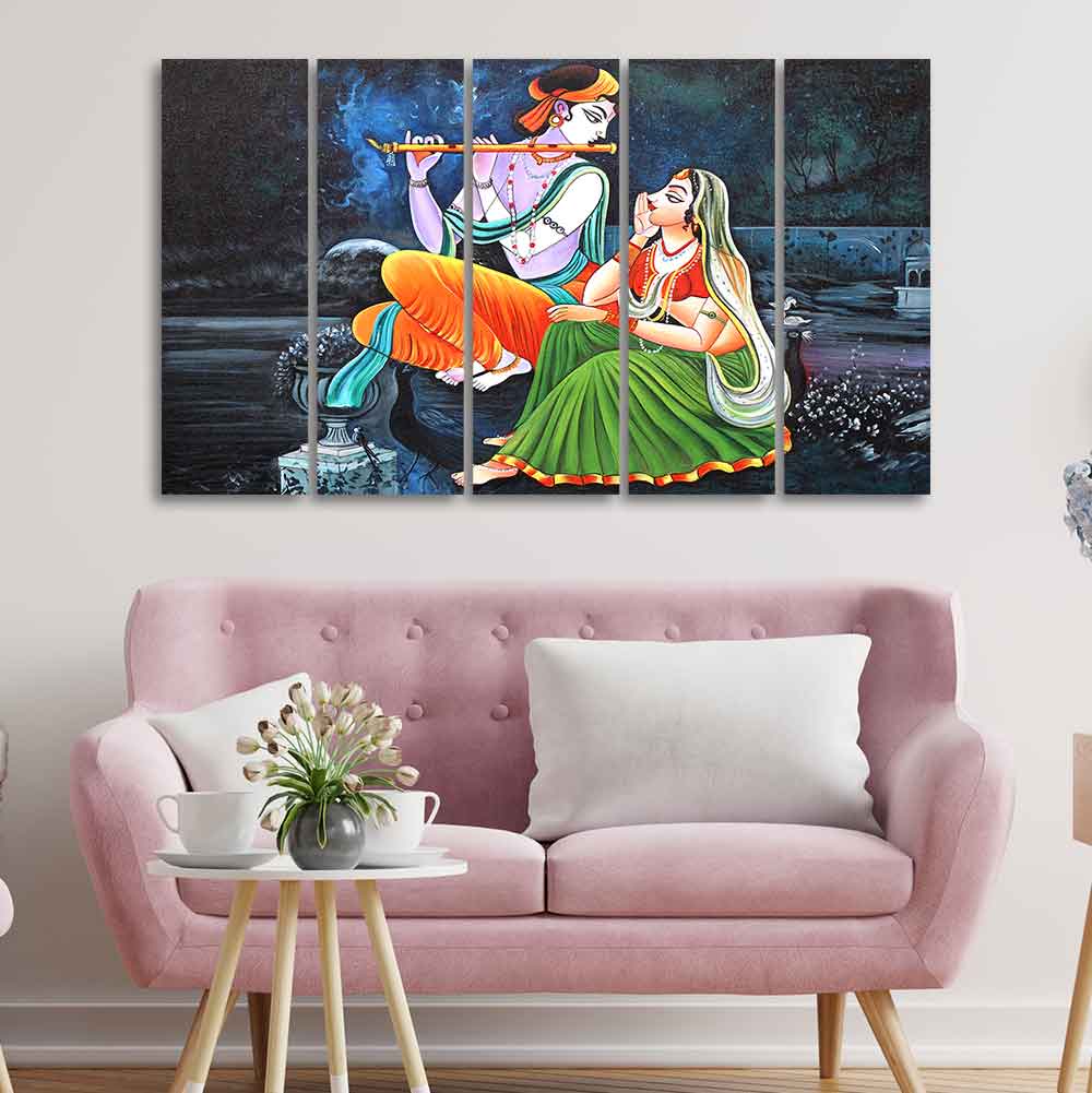 Lord Radha Krishna in Dark Forest Five Pieces Canvas Wall Painting
