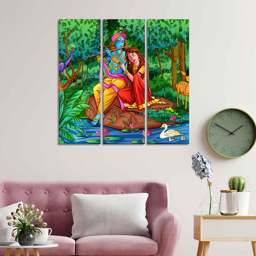 Lord Radha Krishna in Forest Wall Painting 3 Pieces