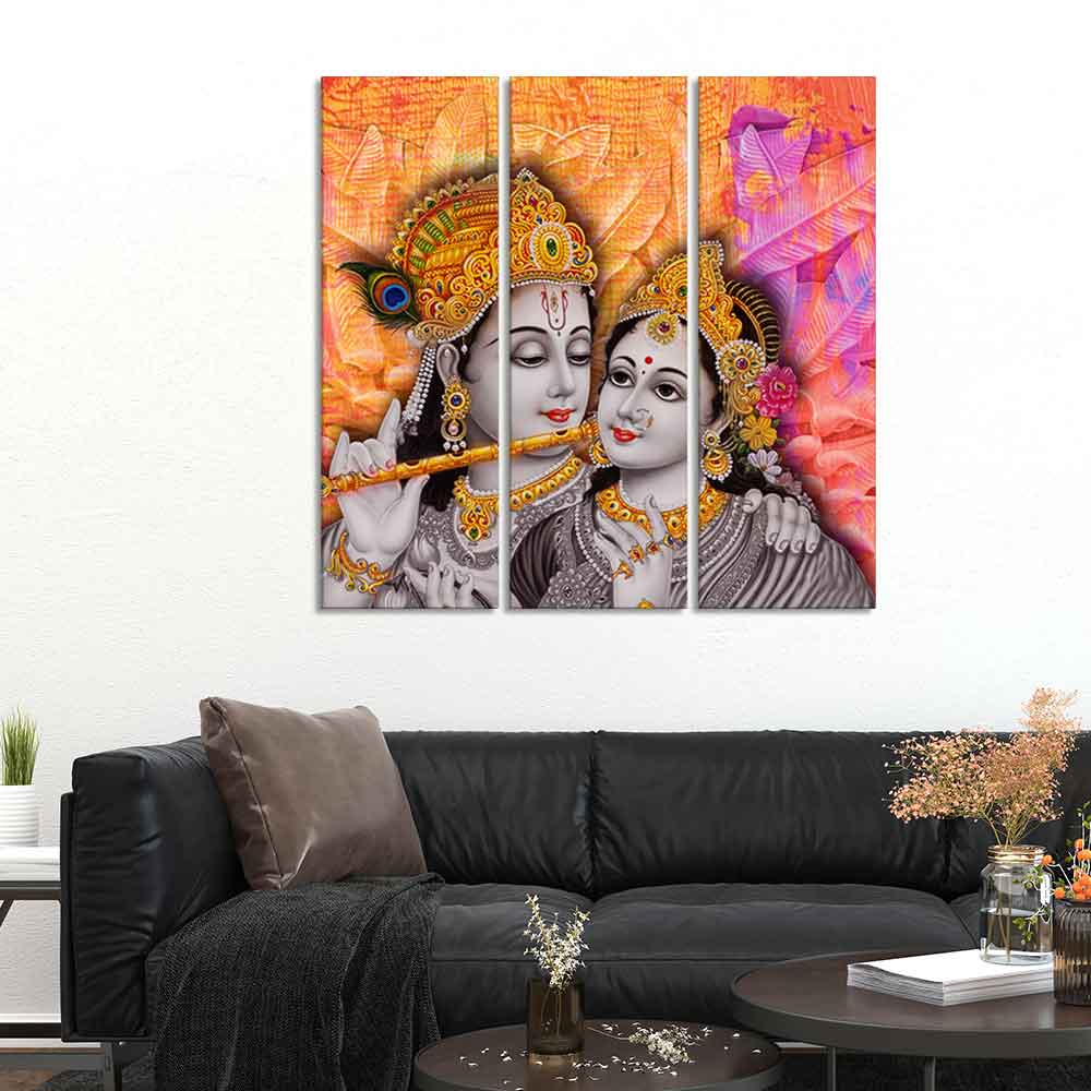 Lord Radha Krishna Playing Flute Canvas Wall Painting 3 Panel Set