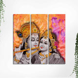 Lord Radha Krishna Playing Flute Canvas Wall Painting 3 Panel Set